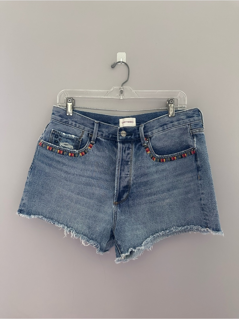 DRIFTWOOD Blue Denim Frayed Hem Shorts with Parrot Design and Multicolor Trim